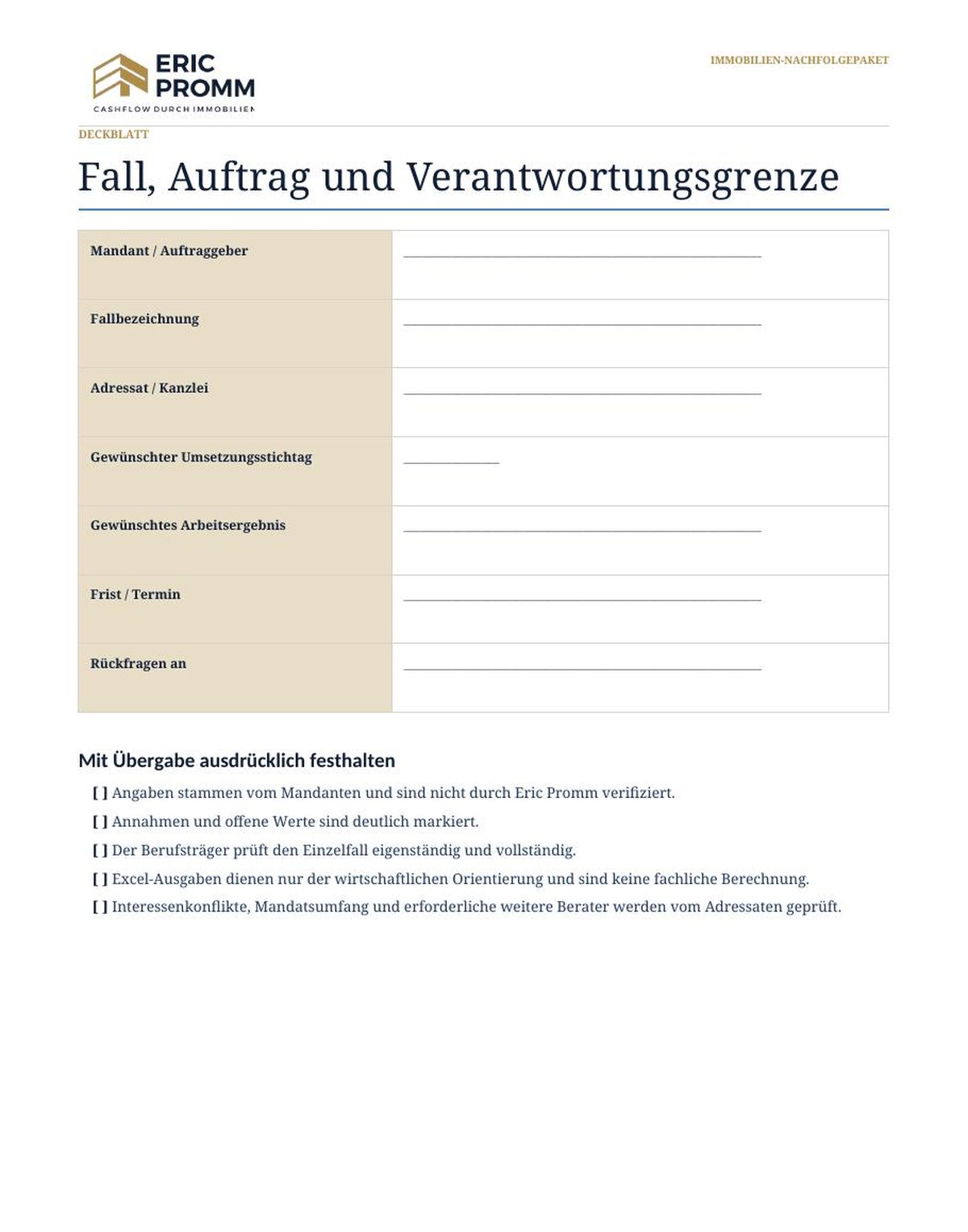 Berater-Übergabepaket: Fall, Auftrag und Verantwortungsgrenze