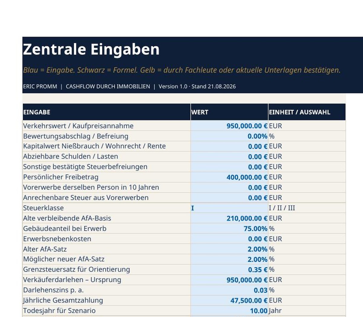 Orientierungsrechner: zentrale Eingaben — blau ist deins